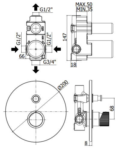 Смеситель для душа Paffoni LIGHT встраиваемый, на 2 выхода, девиатор-кнопка, черный матовый (JO015NO)