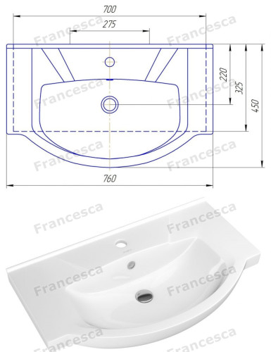 Тумба с раковиной Francesca Доминго 75 (2 ящика) белый (ум. Элеганс 75)