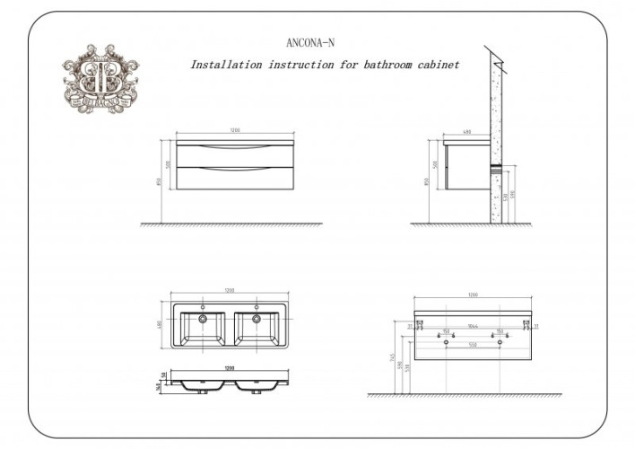 База под раковину подвесная BelBagno ANCONA-N-1200-2C-SO-2-BL Bianco Lucido