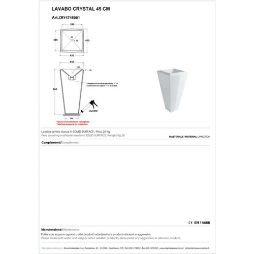 Olympia Crystal, напольная раковина 45х45см, цвет белый глянцевый
