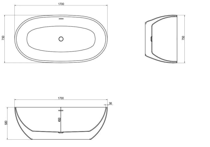Отдельностоящая акриловая ванна Ceruttispa AMI 1700х750х580 CT9039 Белая