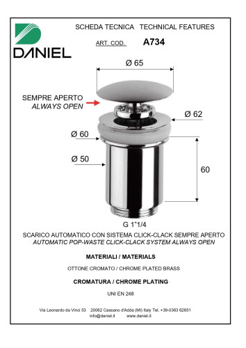 Daniel, донный клапан click-clack 1"1/4, цвет хром