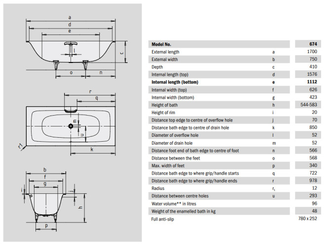Ванна стальная Kaldewei SILENIO 1700х750х410, самоочищающееся покрытие Easy clean, alpine white, без ножек, с отв. для ручки