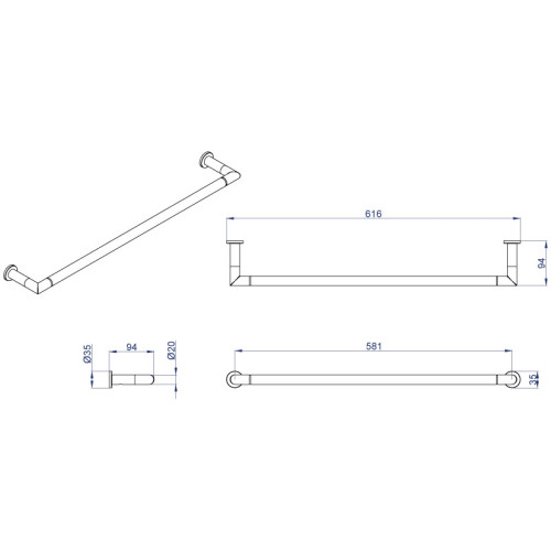 Полотенцедержатель AZARIO FORNY трубчатый одинарный 60 см, хром (AZ-88301)