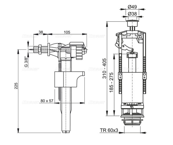 SA2000 3/8" CHROM Выпускной комплект со стоп кнопкой (одинарной), и боковой пласт. подводкой