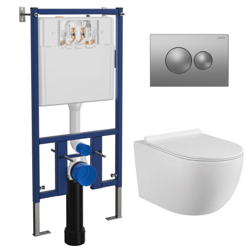 Сет LORANTO Инсталляция с круглой кнопкой хром матовая + унитаз FATTO с сиденьем микролифт (4501+7311+CS-0017HM)