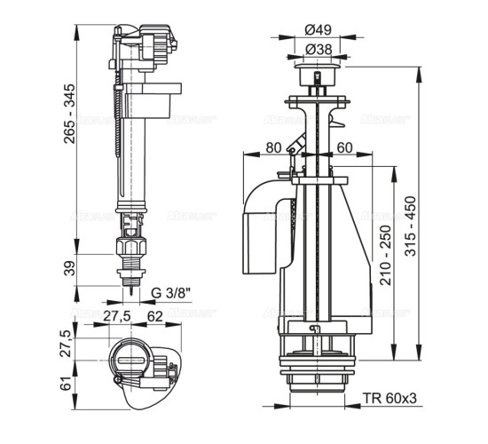 SA08AS 3/8" CHROMВыпускной комплект с двойной кнопкой, нижней пластмассовой подводкой