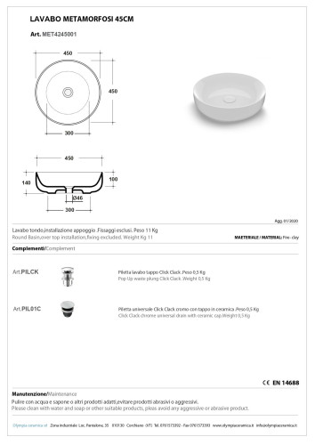 Olympia Metamorfosi, накладная круглая раковина 45xh14 см, с донным клапаном, цвет белый глянцевый