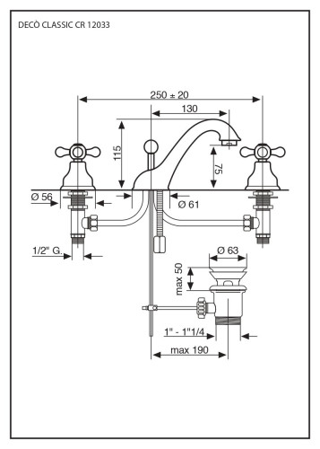 Emmevi Deco Classic, смеситель с донным клапаном для раковины на 3 отверстия, цвет белый-золото