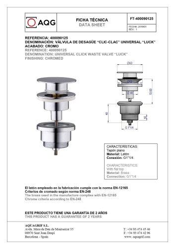 AQG, универсальный донный клапан click-clack, цвет хром