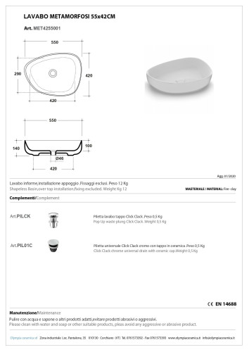 Olympia Metamorfosi, накладная раковина нестандартной формы 55x42xh14 см, с донным клапаном, цвет белый глянцевый