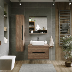 Зеркало ЛАЙФ-80 см с полками винтажное дерево темное/графит