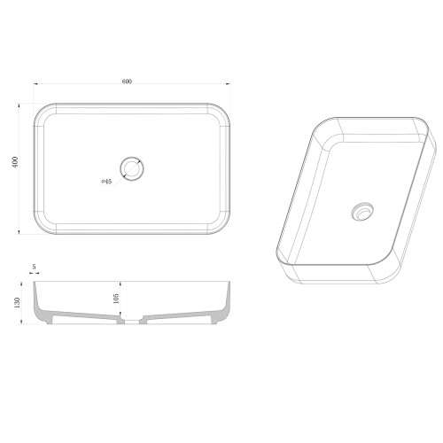 Раковина AZARIO 600x400x130 накладная из искусственного камня, белая матовая (AZ-1358S)