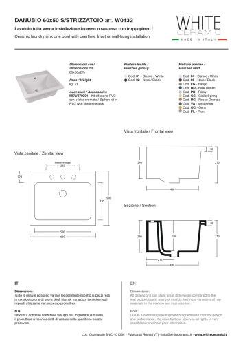 White Ceramic Danubio, постирочная/хозяйственная раковина 60x50x27h см, цвет белый глянцевый