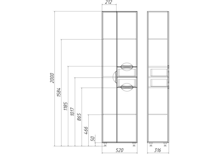 Пенал напольный "Грация" 52 с двумя верхними ящиками В2 Домино