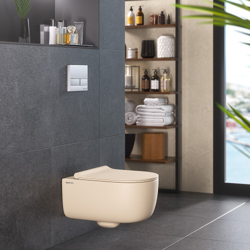 Унитаз BERGES подвесной EGO XL матовый жасмин Rimless 54 см, сиденье  EGO XL Slim SO матовый жасмин, микролифт, быстросъем