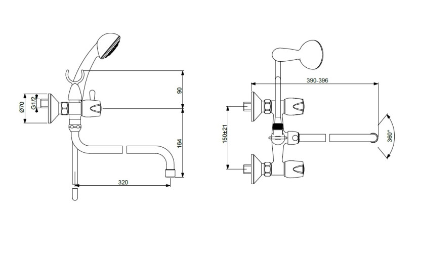 BA167AA Двурукоятковый настенный смеситель ISKAR для ванны/душа с длинным трубчатым поворотным изливом 320 мм
