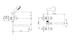 BA167AA Двурукоятковый настенный смеситель ISKAR для ванны/душа с длинным трубчатым поворотным изливом 320 мм