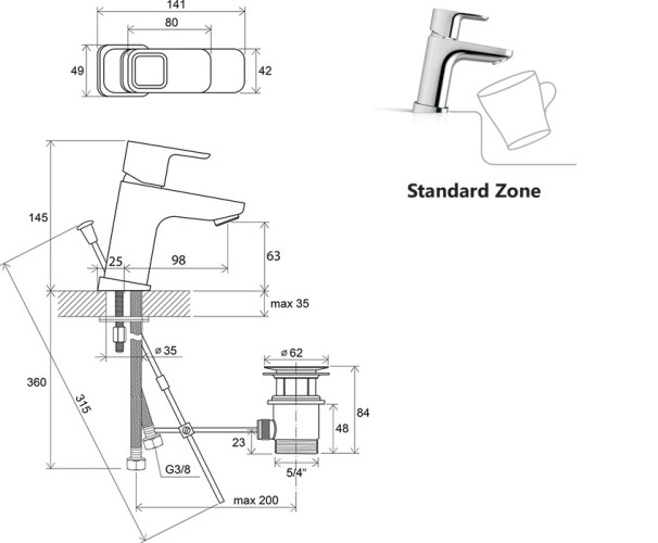 Смеситель для умывальника с донным клапаном 140 мм TD 011.00