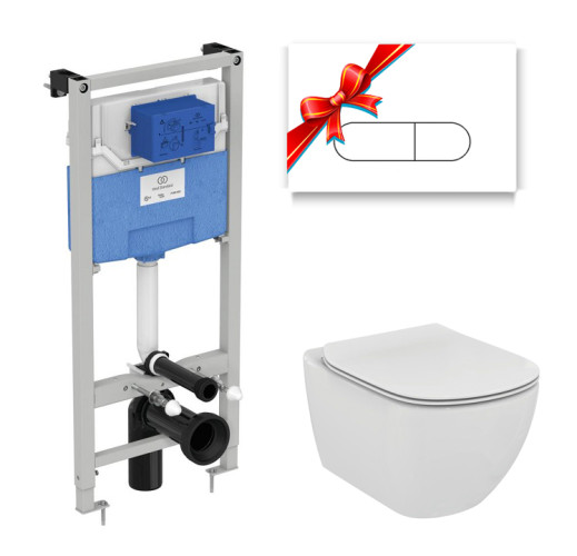 Промо-комплект Ideal Standard Tesi: Подвесной унитаз, Сиденье, Инсталляция, в подарок панель смыва (Цвет хром белый) (TT00002/115AC)