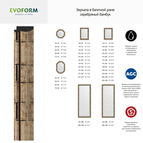 Зеркало напольное с гравировкой  EVOFORM  в багетной раме серебряный бамбук, 78х198 см, BY 6307