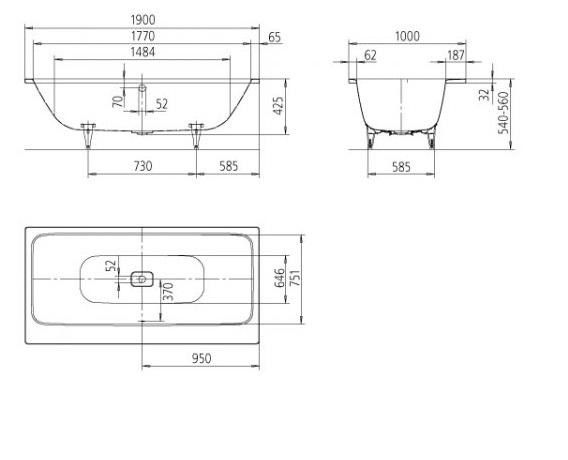 Ванна стальная Kaldewei ASYMMETRIC DUO 1900х1000х420, Easy clean, alpine white, без ножек