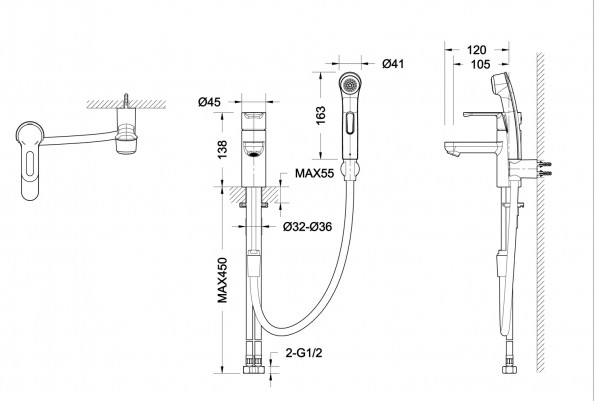 Смеситель для раковины Bravat Stream с гигиеническим душем, хром (F13783C-3)
