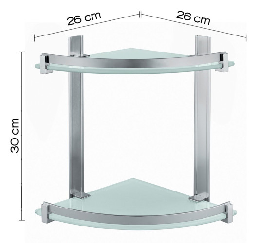 Gedy, стеклянная полукруглая 2-х уровневая полка с бортиком (26х26хh30), цвет зачищенный хром
