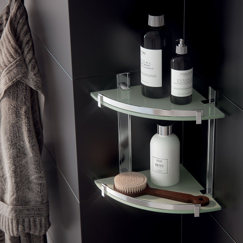 Gedy, стеклянная полукруглая 2-х уровневая полка с бортиком (26х26хh30), цвет зачищенный хром