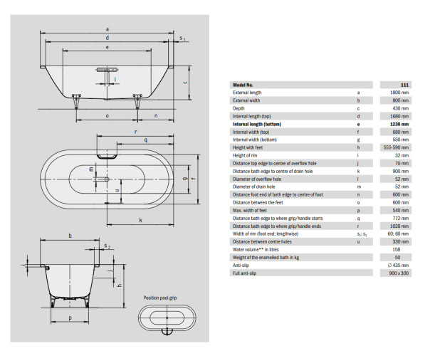 Ванна стальная Kaldewei CLASSIC DUO 1800х800х430, EasyClean, alpine white, без ножек