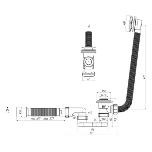 Слив-перелив АНИ Пласт для ванны 1/2"х40, плоский, выпуск клик-клак с сеткой (EC055S)