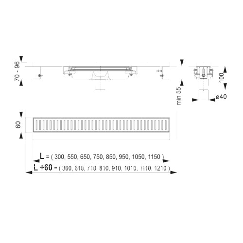 Водоотводящий желоб Alcadrain Low, с порогами для перфорированной решетки, вертикальный сток