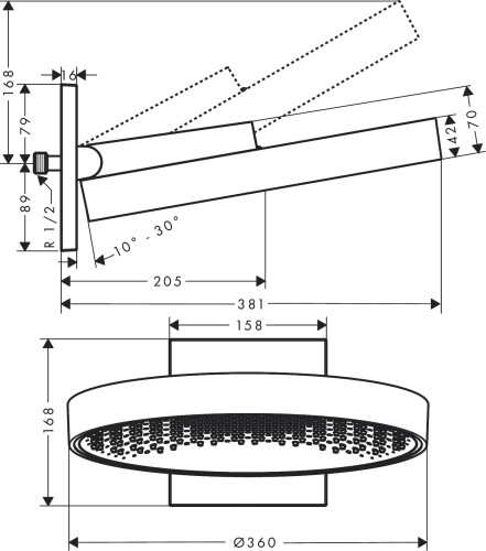 Верхний душ Rainfinity 360 1jet с настенным креплением, шлифованный черный хром (26230340)