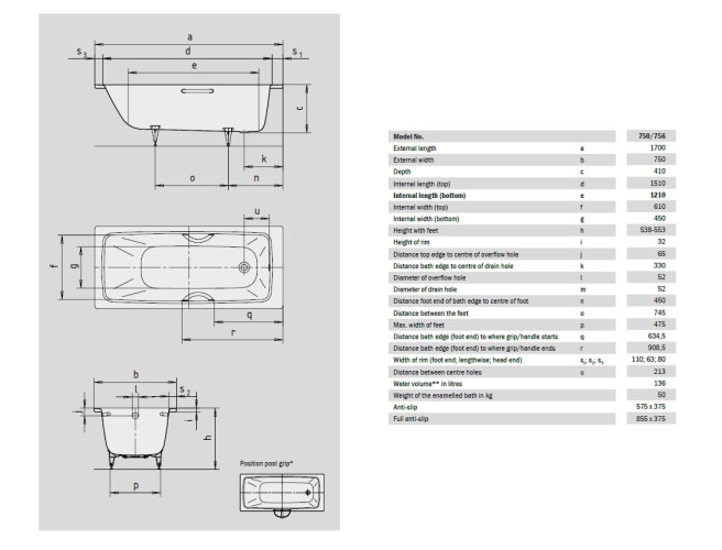Ванна стальная Kaldewei CAYONO 1700х750х410 мм, AntiSlip, Easy Clean, alpine white, без ножек