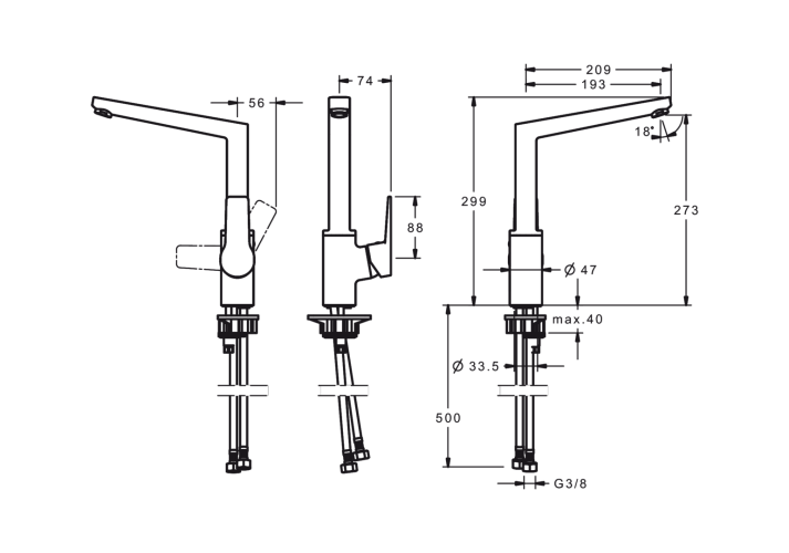 3838BF Twista Смеситель для кухни с боковым управлением, высоким поворотным изливом и петлевой рукояткой
