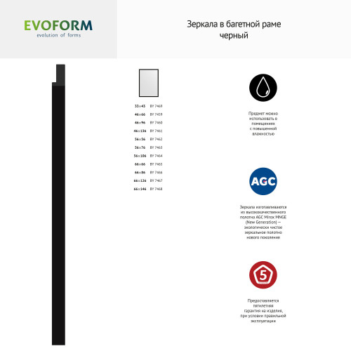 Зеркало настенное  EVOFORM в багетной раме чёрный, 66х146 см, BY 7468