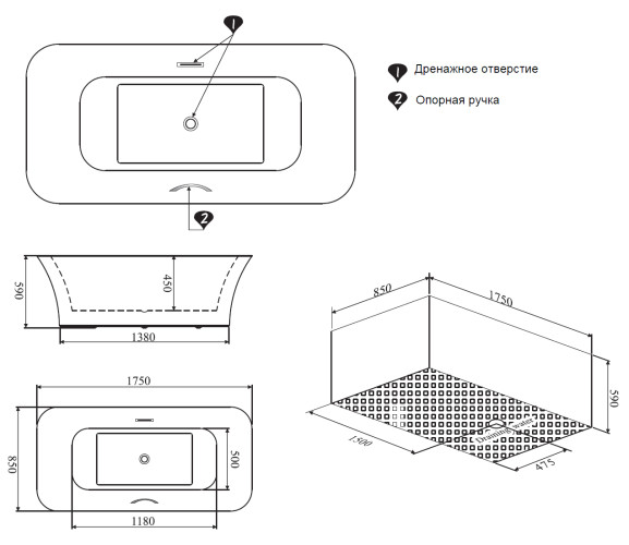 Ванна акриловая AZARIO STRESA 1750х850х590 отдельностоящая (AZ-М706)