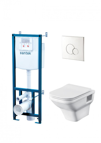 Пэк Santek Лайн подвесная чаша rimless + инсталляция + сиденье Slim, SoftClose + панель смыва хром (1.WH50.1.729)