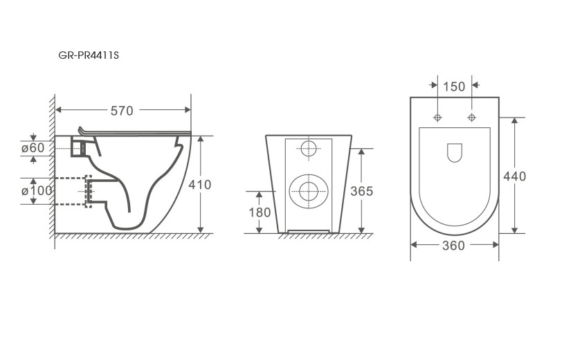 Унитаз Grossman GR-PR4411S (570*360 *410) приставной БЕЗОБОДКОВЫЙ с тонкой крышкой