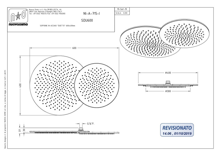 Graffio Duetto, две совмещенные круглые головки верхнего душа 60/40 см с настенным кронштейном 50 см, цвет хром