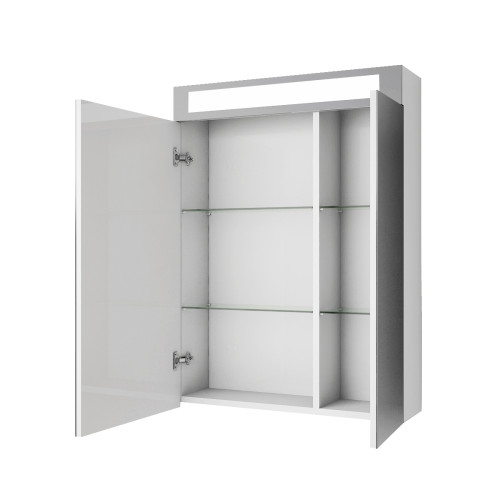 Шкаф зеркальный UNI, 60 см,  2 дверцы, 4 стеклянные полки, с подсветкой и выключателем, белый