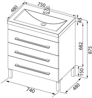 Тумба с раковиной Aquanet Верона N 75 черный (напольная 3 ящика)