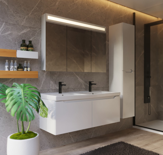 Шкаф зеркальный UNI, 80 см, 3 дверцы, 6 стеклянных полок, с подсветкой и выключателем, белый