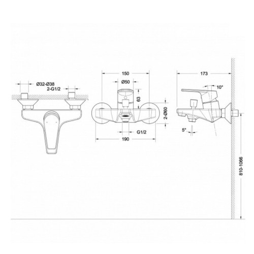 Смеситель для ванны Bravat Line, короткий излив со шлангом и лейкой, хром (F65299C-B-RUS)