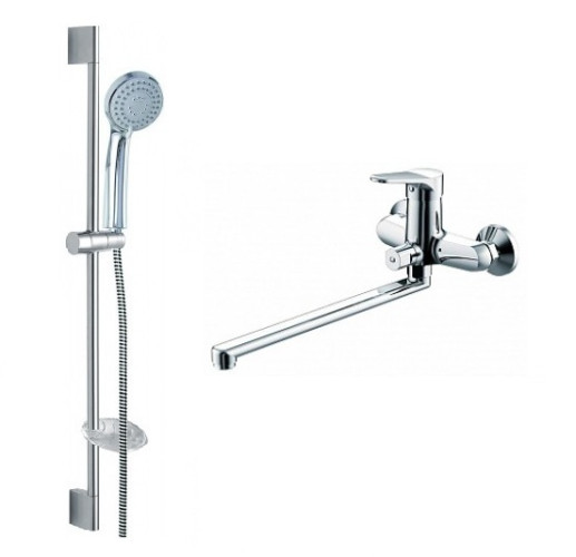Набор для ванны Bravat Eco смеситель с длинным изливом, душевая штанга, душевая лейка Хром (F00414C)