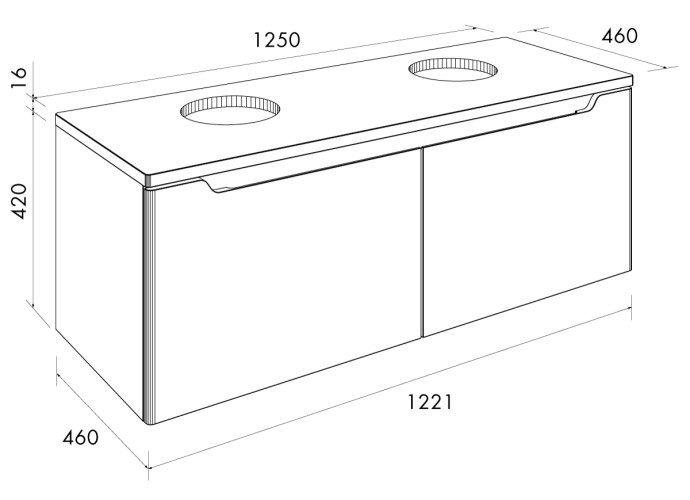 Тумба W, 125 см, подвесная, для умывальника "Гармония" 125 см или стеклянной столешницы W, 2 ящика, белый глянец