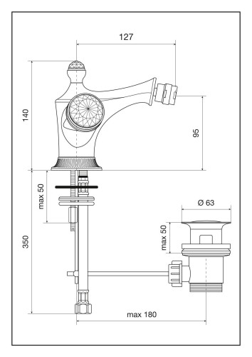 Emmevi The One, смеситель для биде. Металлические ручки + большие прозрачные кристаллы, цвет бронза